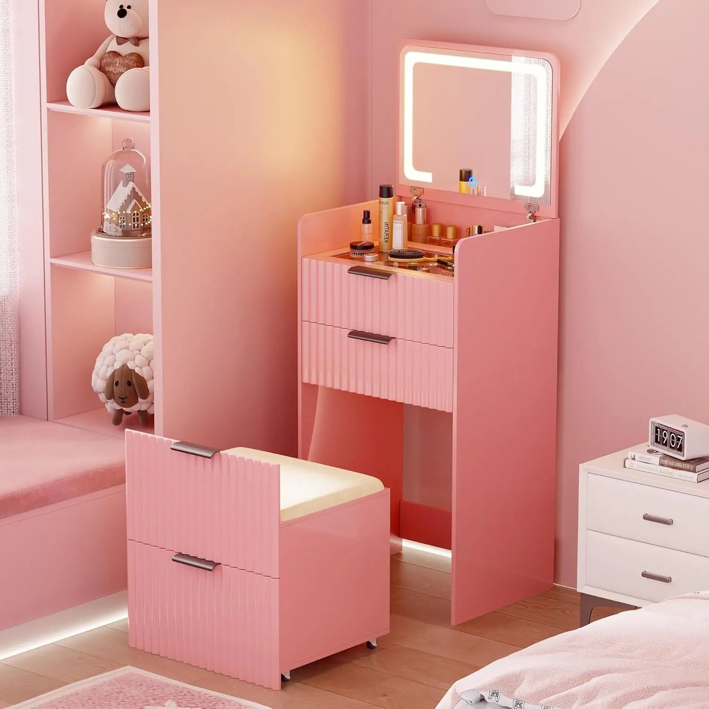 3 in 1 Small Vanity Desk with Plip Top Mirror,Makeup Vanity Set