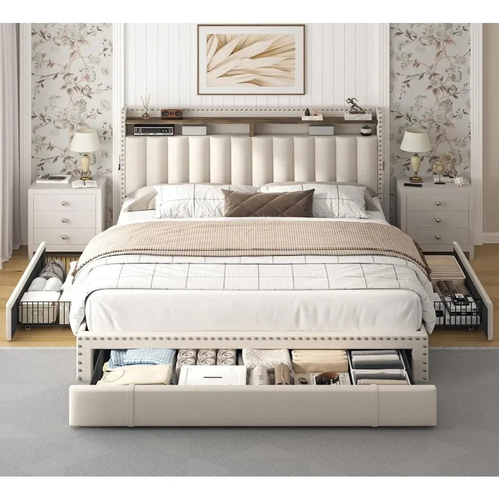 Bed Frame with 3 Drawers with Upholstered Headboard and Storage