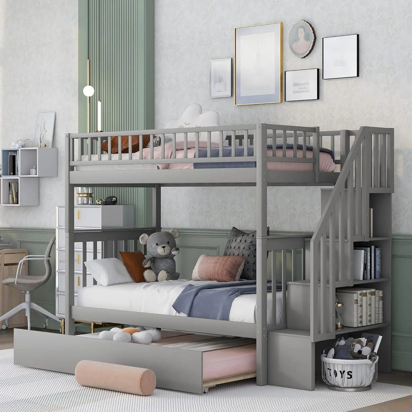 Bunk Beds Twin Over Twin Size, Solid Wood Bunk Bed with Trundle and Stairs