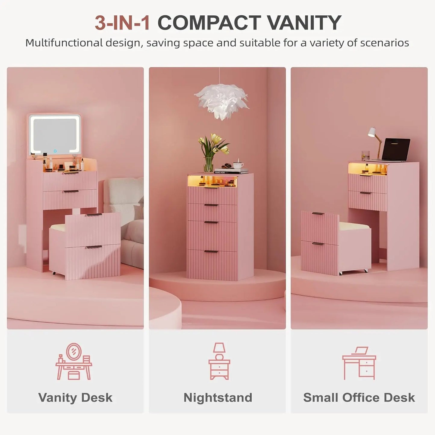 3 in 1 Small Vanity Desk with Plip Top Mirror,Makeup Vanity Set