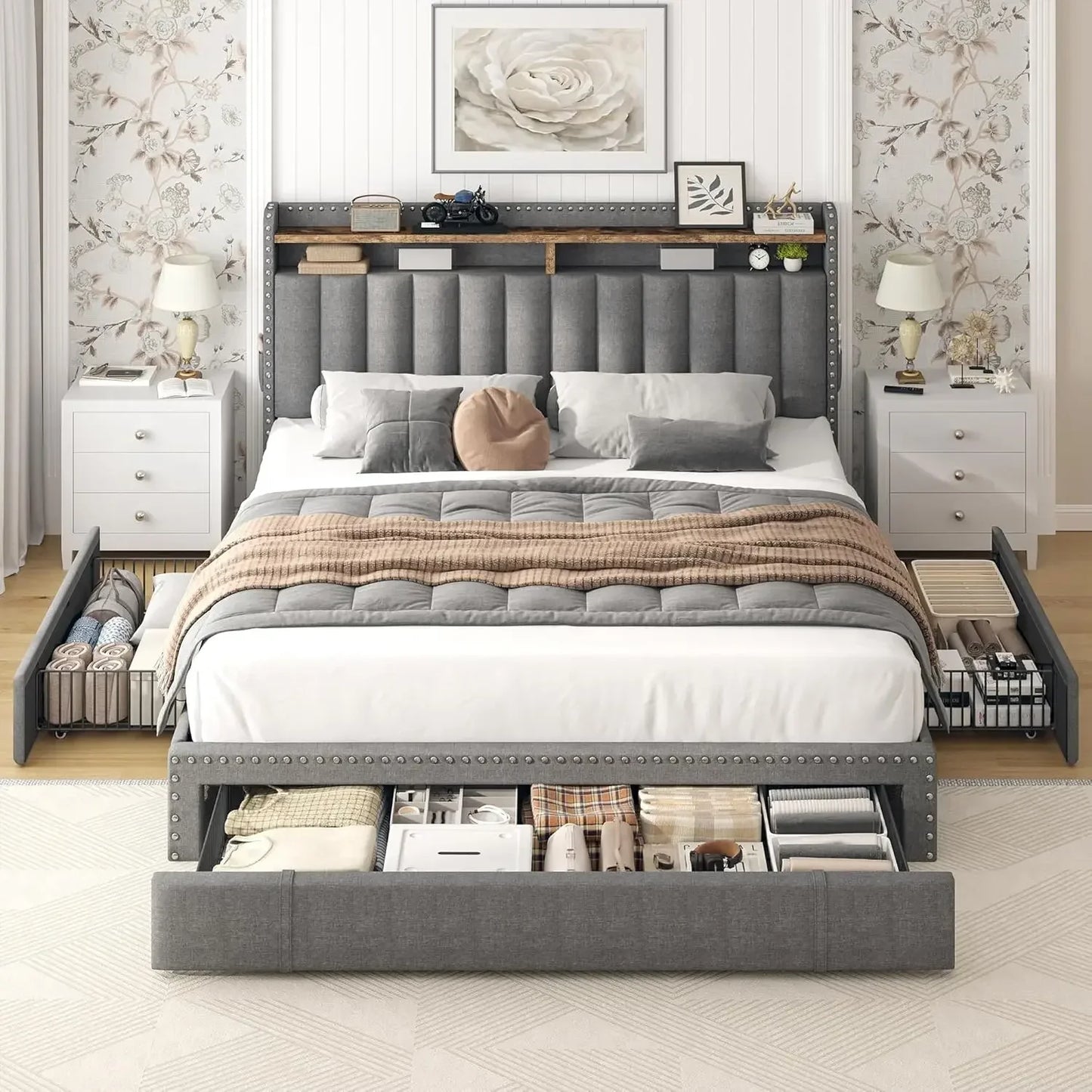 Bed Frame with 3 Drawers with Upholstered Headboard and Storage