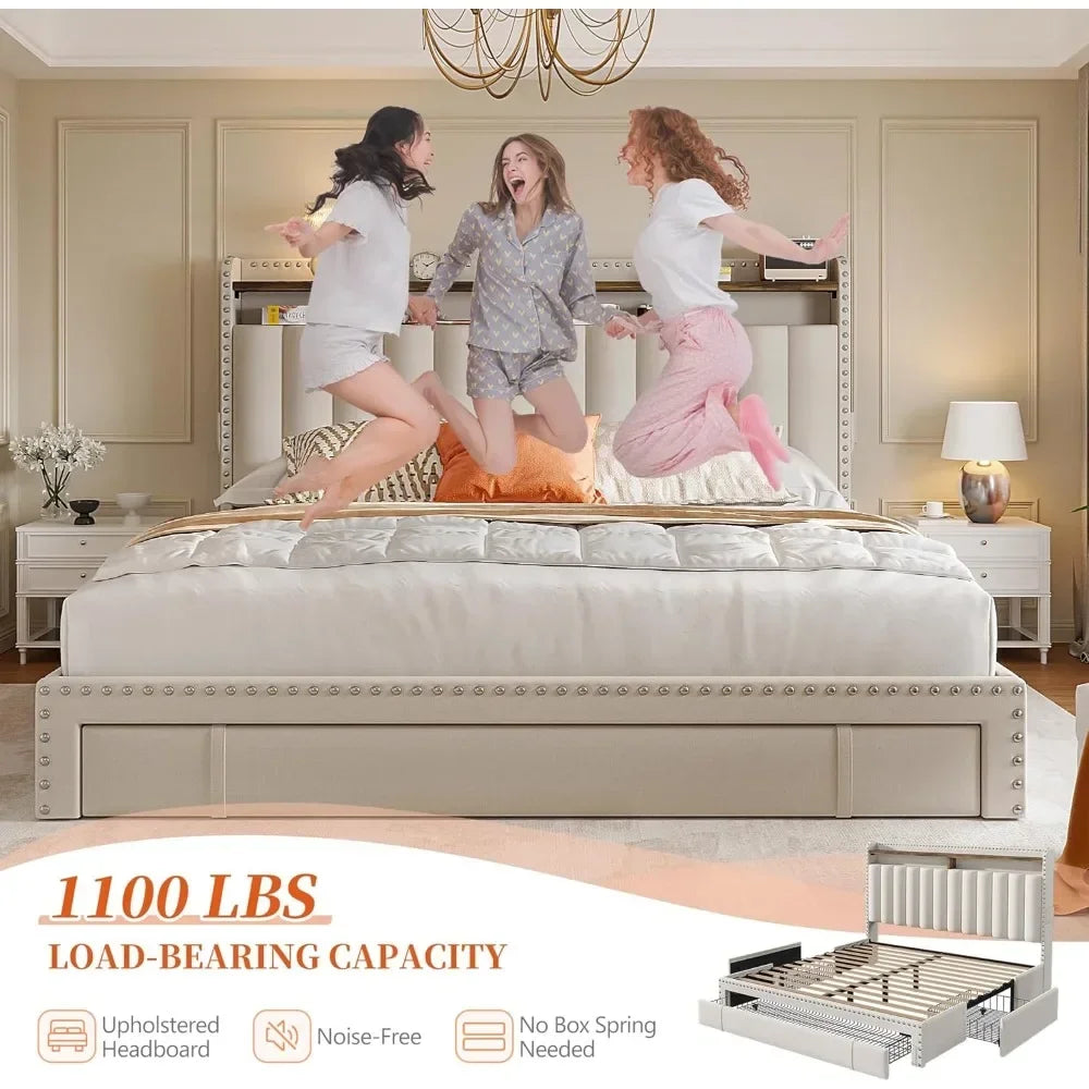 Bed Frame with 3 Drawers with Upholstered Headboard and Storage