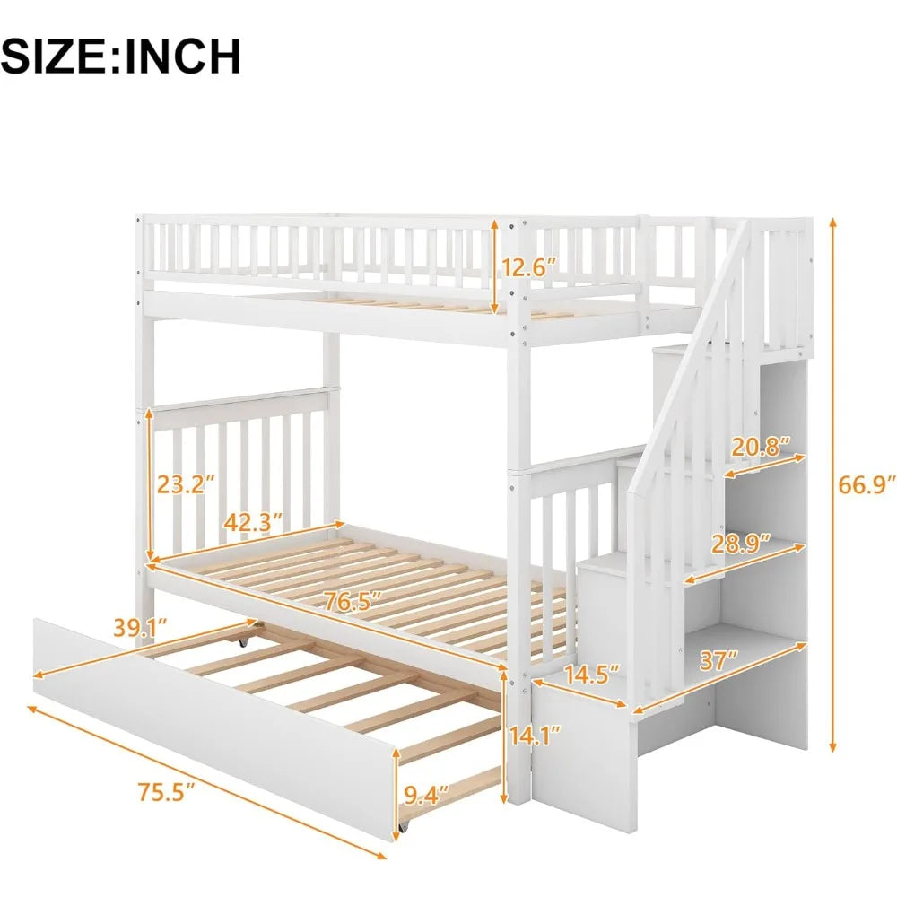 Bunk Beds Twin Over Twin Size, Solid Wood Bunk Bed with Trundle and Stairs