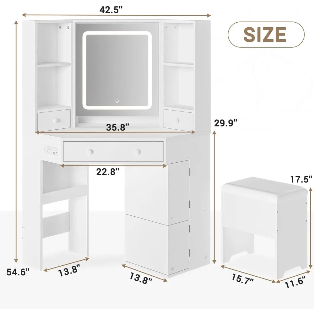 Corner Dressing Table with Light and Charging Station