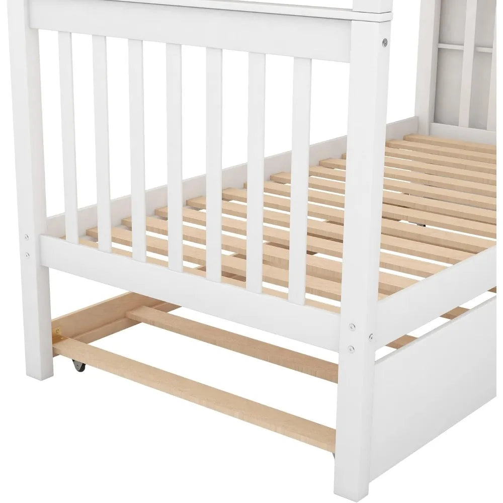 Bunk Beds Twin Over Twin Size, Solid Wood Bunk Bed with Trundle and Stairs