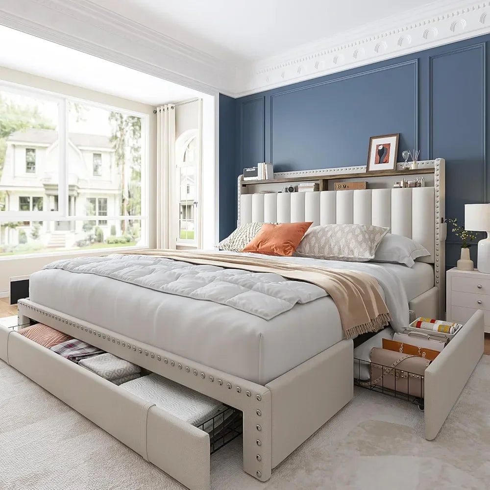 Bed Frame with 3 Drawers with Upholstered Headboard and Storage
