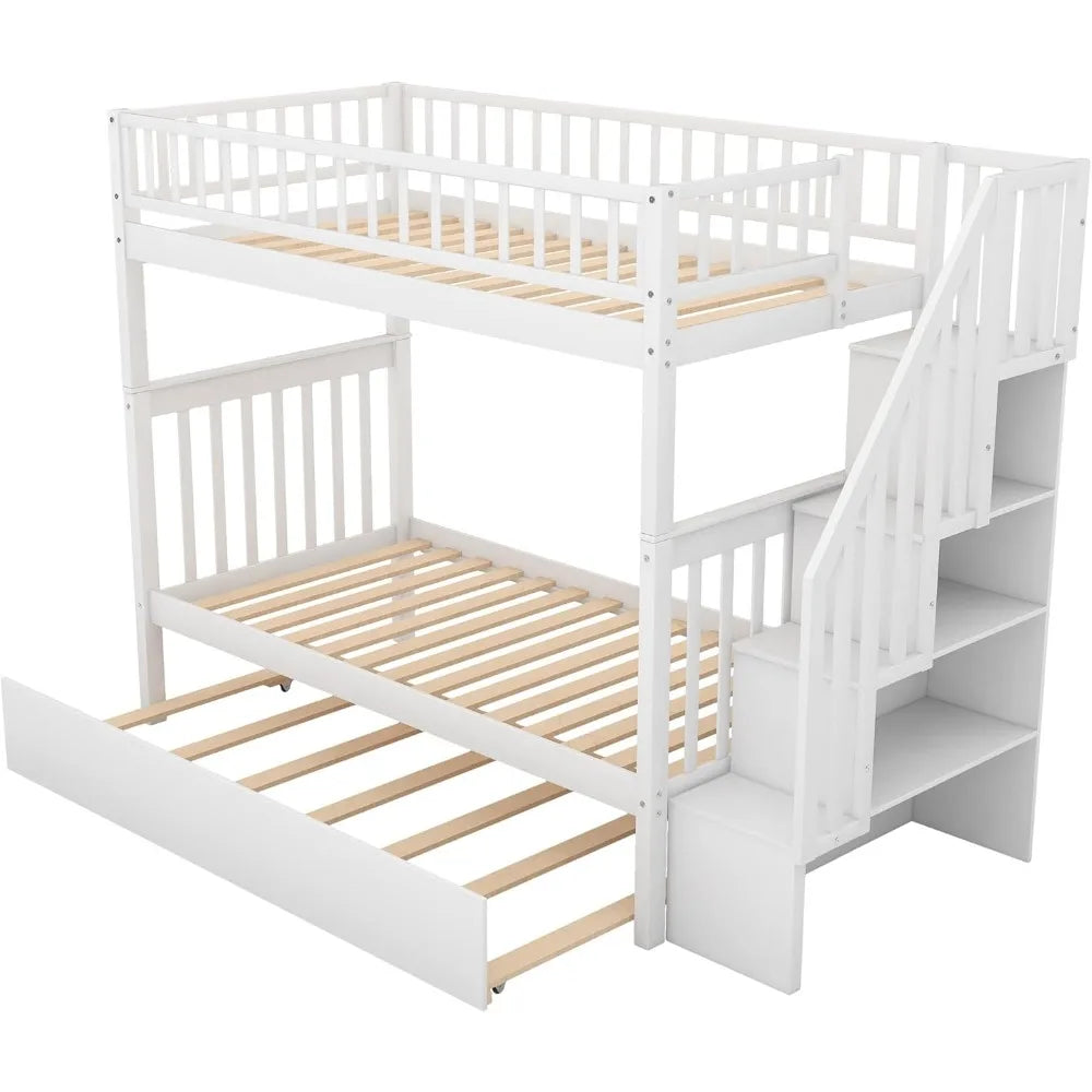 Bunk Beds Twin Over Twin Size, Solid Wood Bunk Bed with Trundle and Stairs