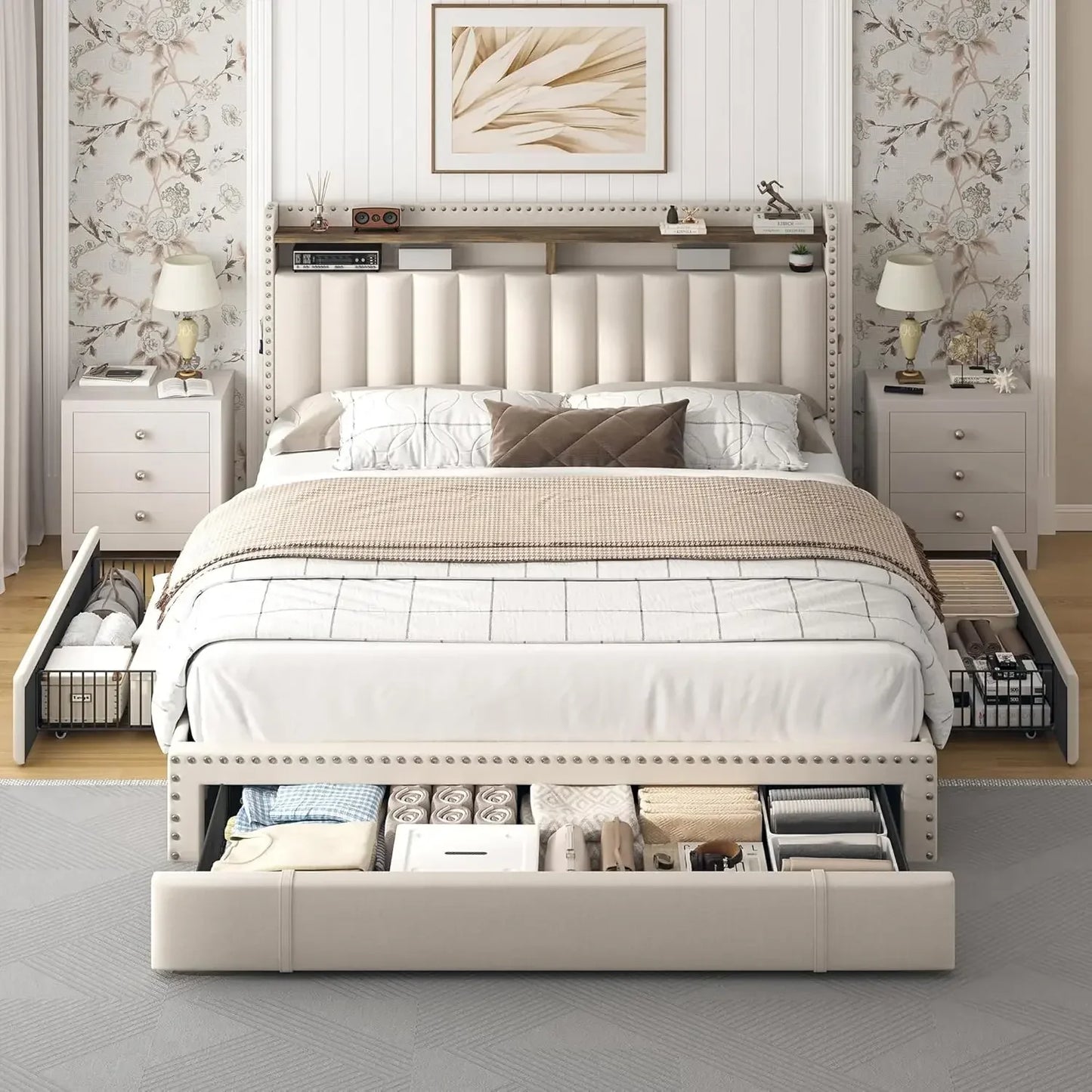 Bed Frame with 3 Drawers with Upholstered Headboard and Storage