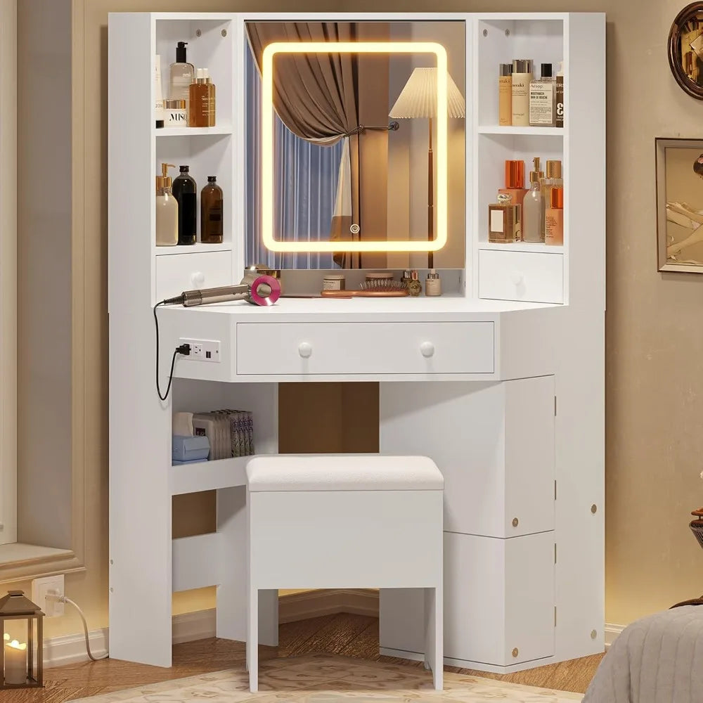 Corner Dressing Table with Light and Charging Station