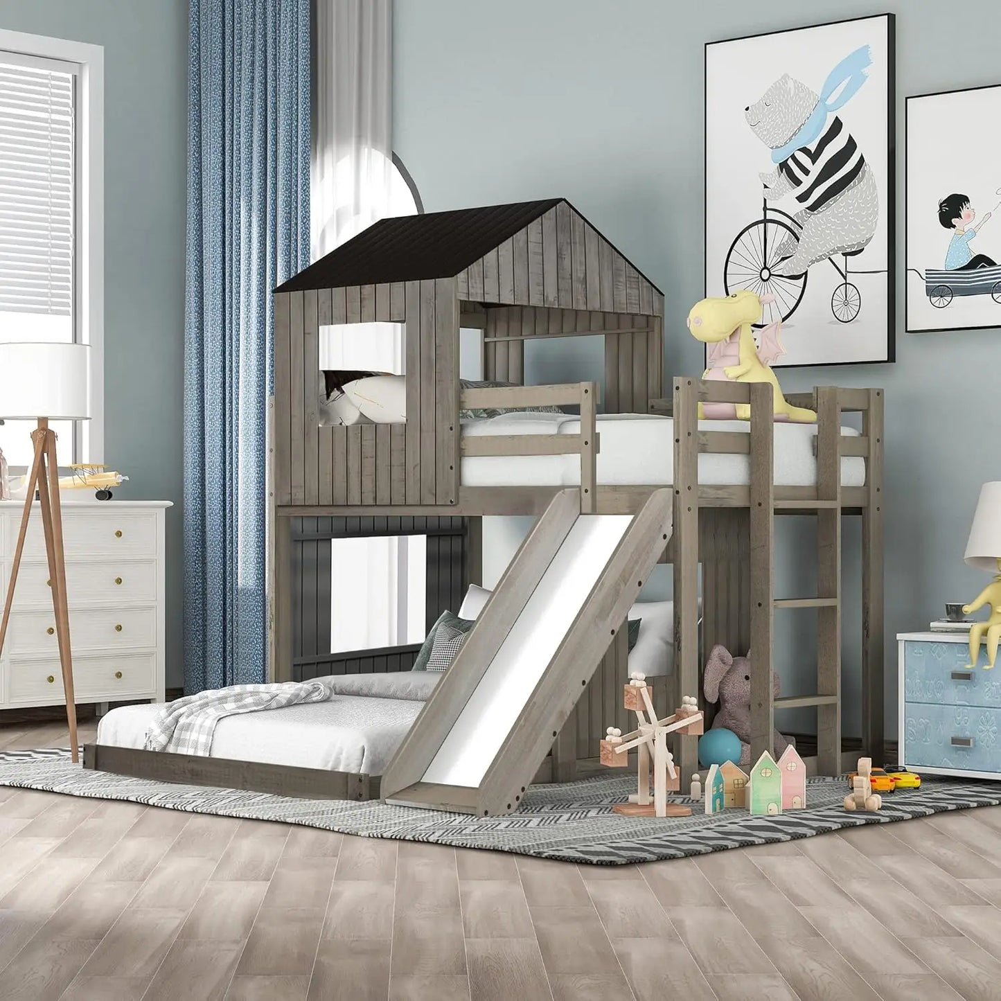 House Floor Bunk Beds with Slide