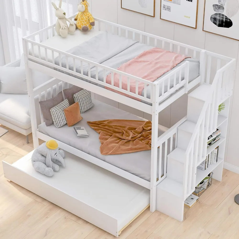 Bunk Beds Twin Over Twin Size, Solid Wood Bunk Bed with Trundle and Stairs