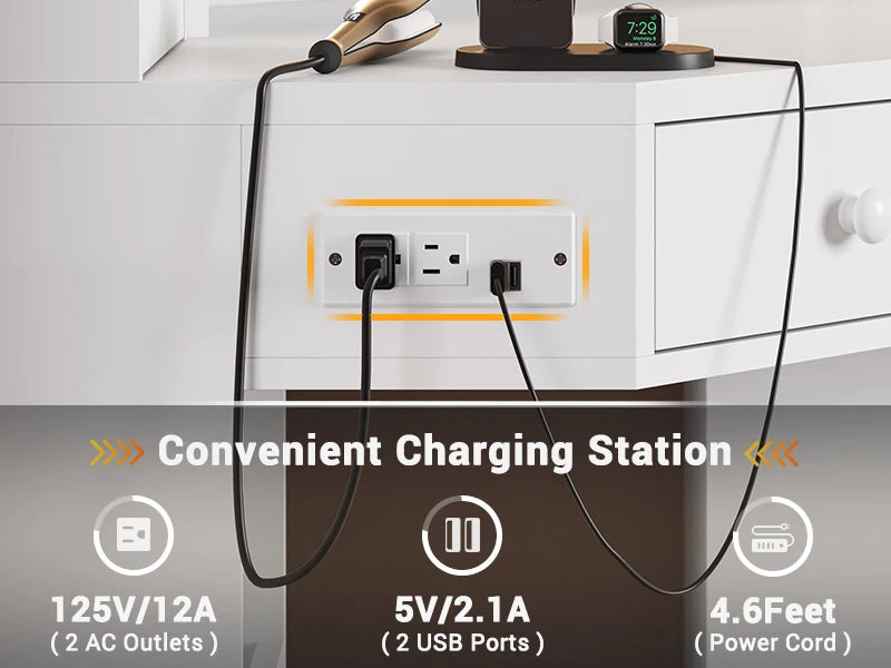 Corner Dressing Table with Light and Charging Station