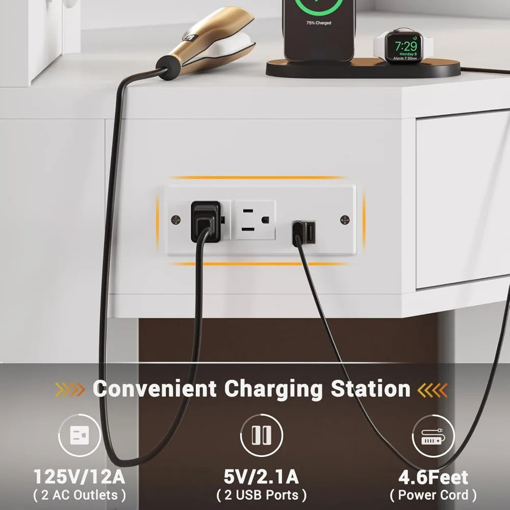 Corner Dressing Table with Light and Charging Station