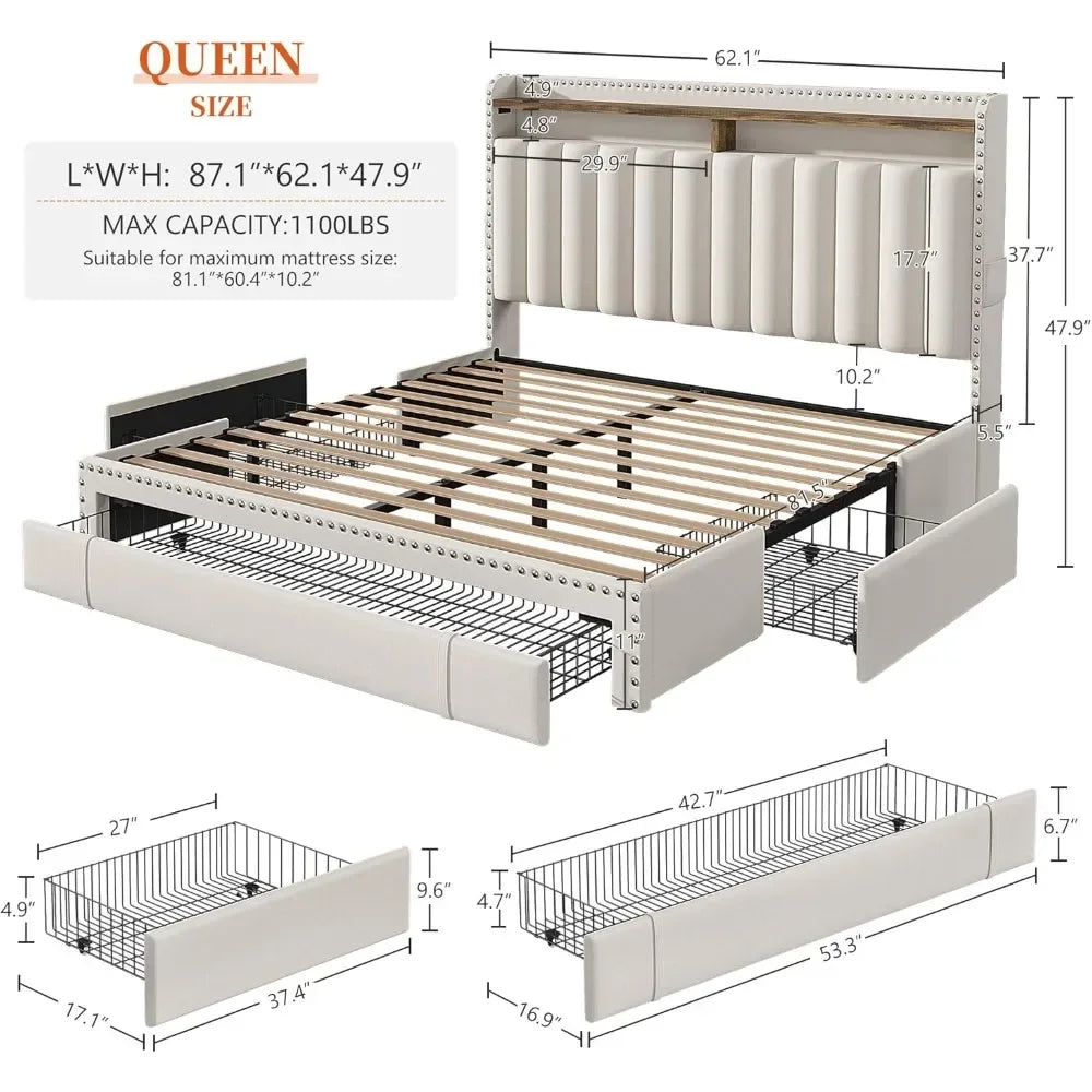 Bed Frame with 3 Drawers with Upholstered Headboard and Storage