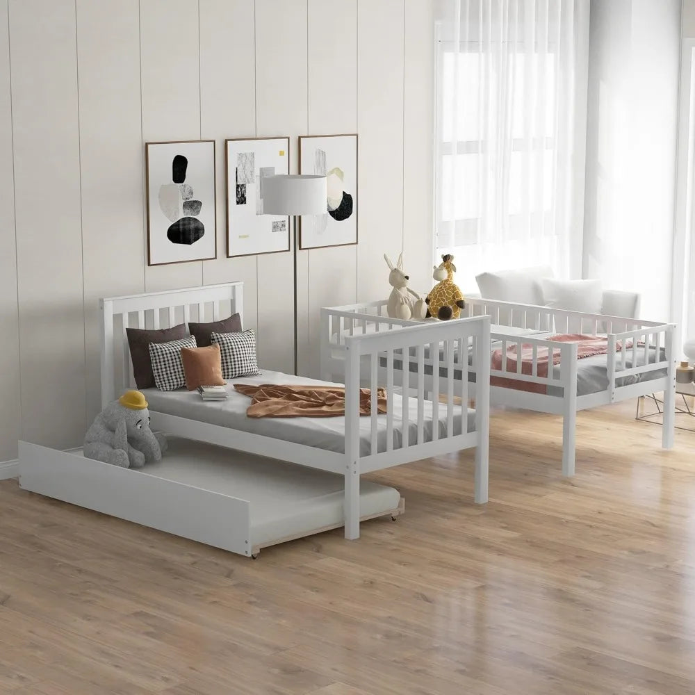 Bunk Beds Twin Over Twin Size, Solid Wood Bunk Bed with Trundle and Stairs