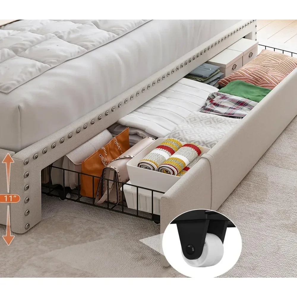 Bed Frame with 3 Drawers with Upholstered Headboard and Storage