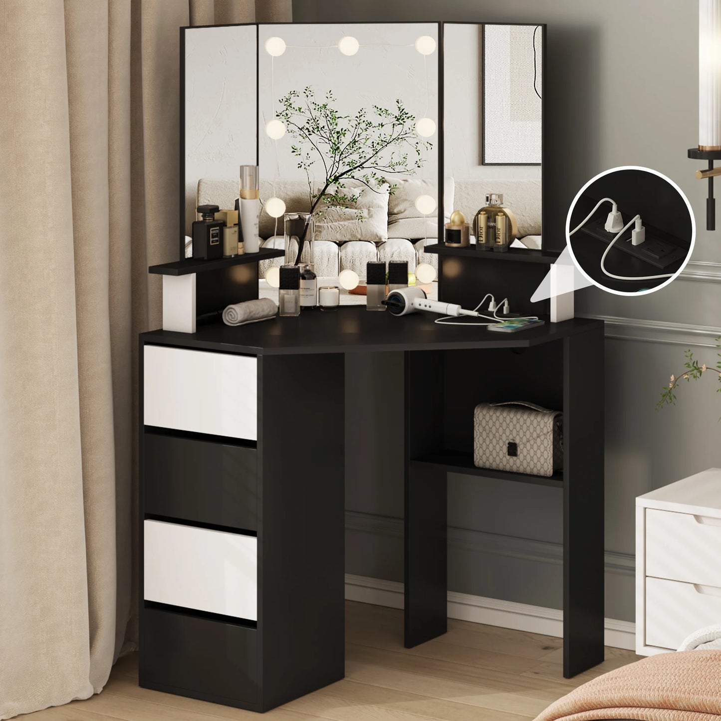 Vabches Corner Vanity Makeup Desk with Lights