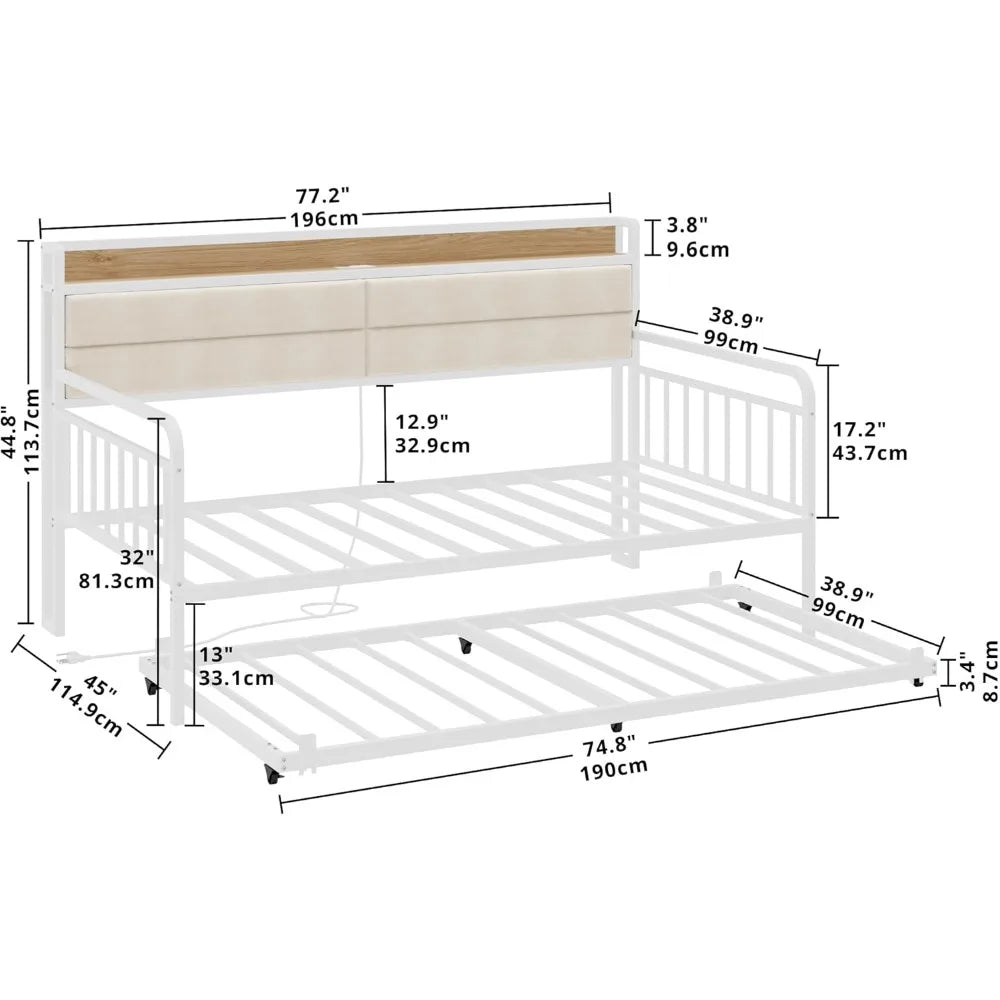 Sturdy Metal Bed Frame with Upholstered Headboard