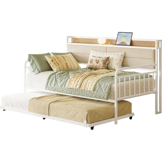 Sturdy Metal Bed Frame with Upholstered Headboard