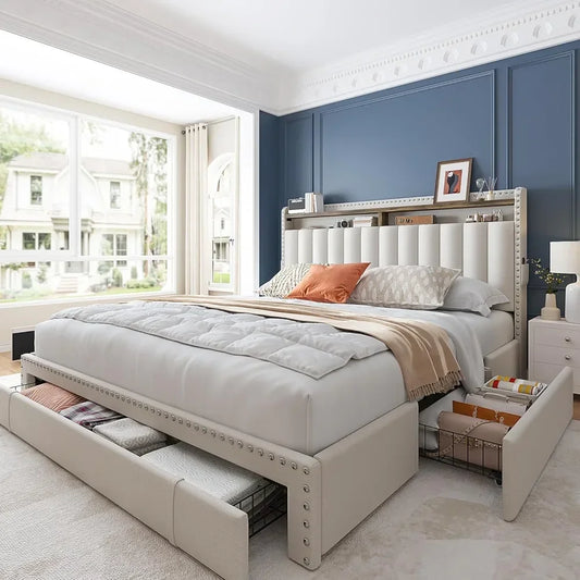 Bed Frame with 3 Drawers with Upholstered Headboard and Storage