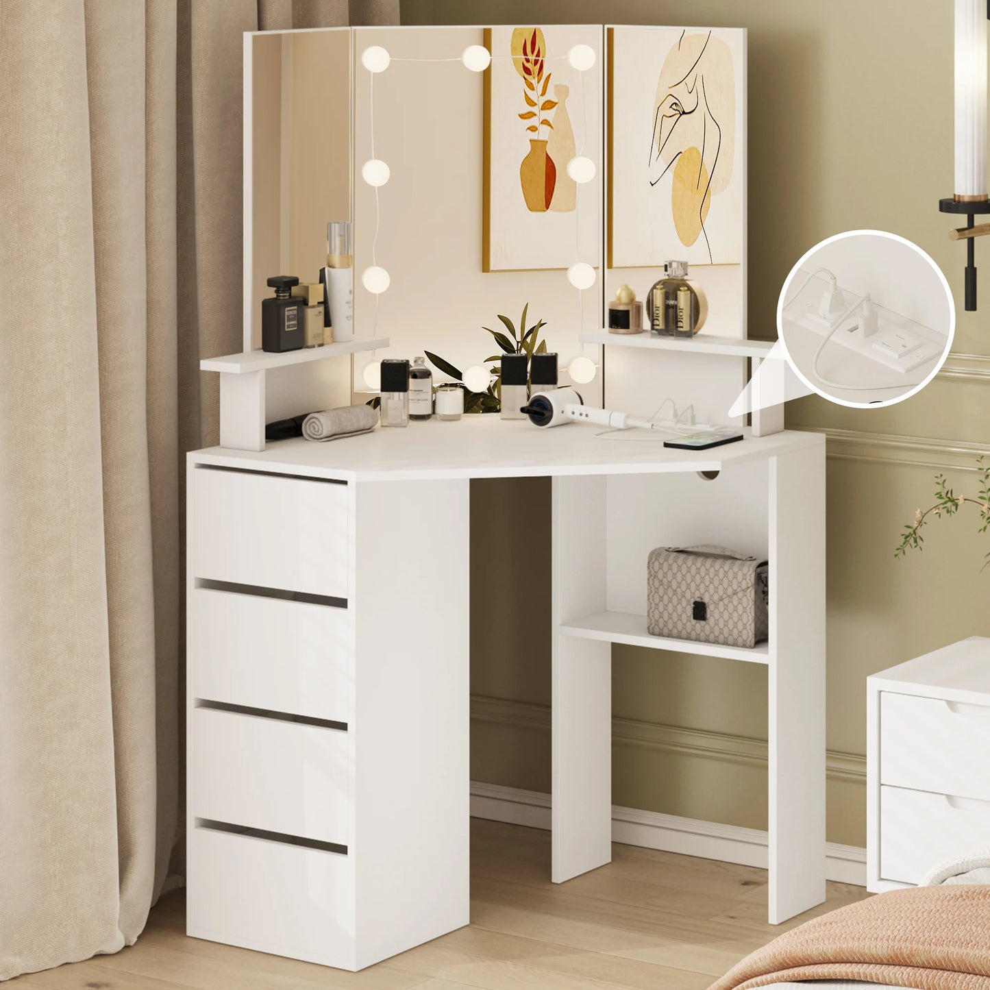 Vabches Corner Vanity Makeup Desk with Lights