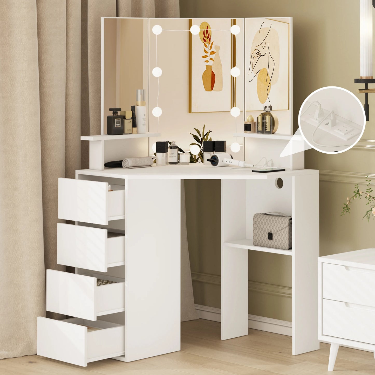 Vabches Corner Vanity Makeup Desk with Lights