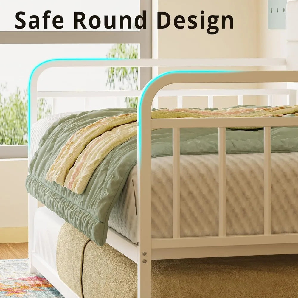 Sturdy Metal Bed Frame with Upholstered Headboard