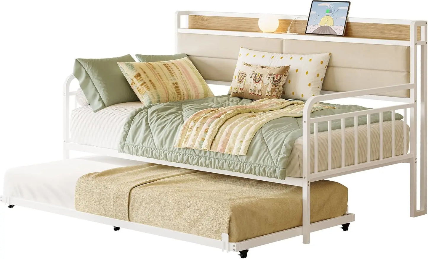 Sturdy Metal Bed Frame with Upholstered Headboard