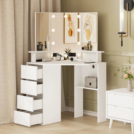 Vabches Corner Vanity Makeup Desk with Lights