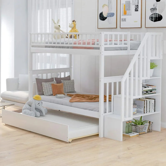 Bunk Beds Twin Over Twin Size, Solid Wood Bunk Bed with Trundle and Stairs