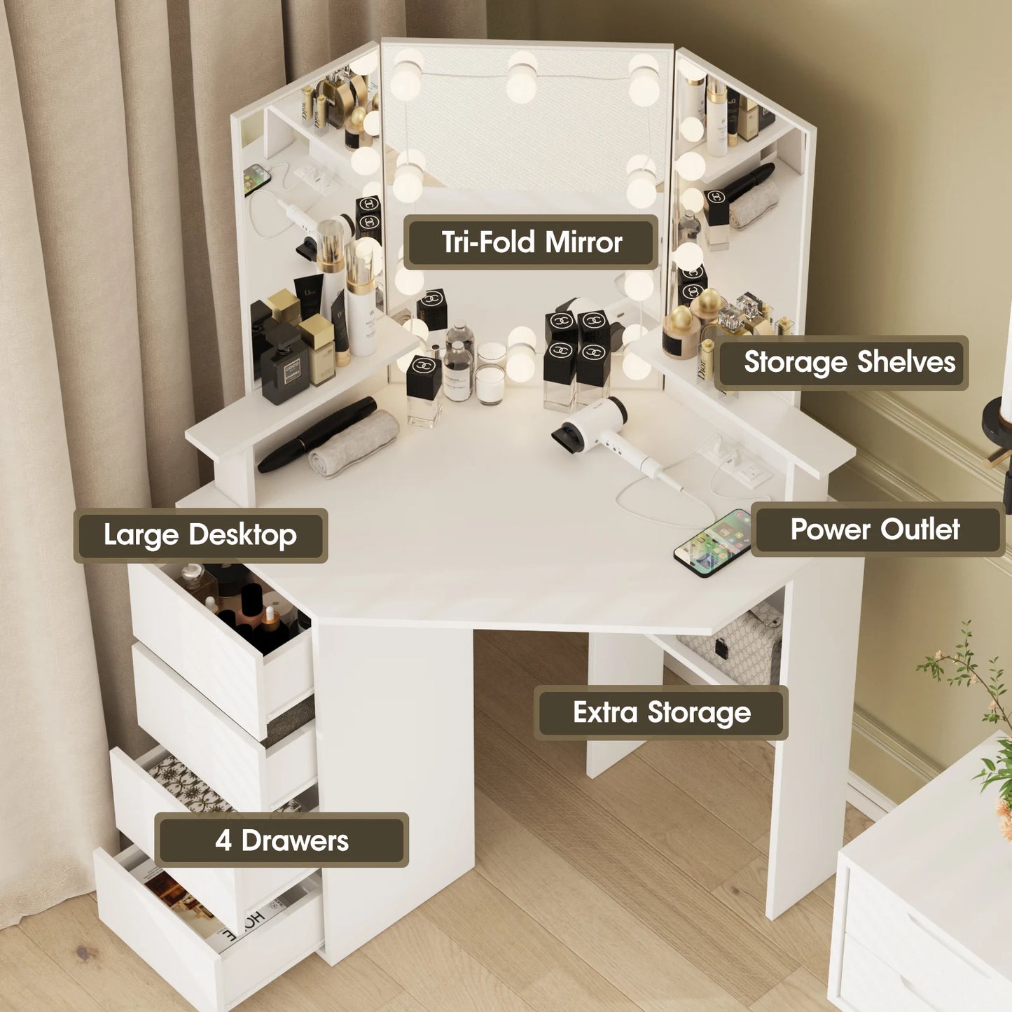 Vabches Corner Vanity Makeup Desk with Lights