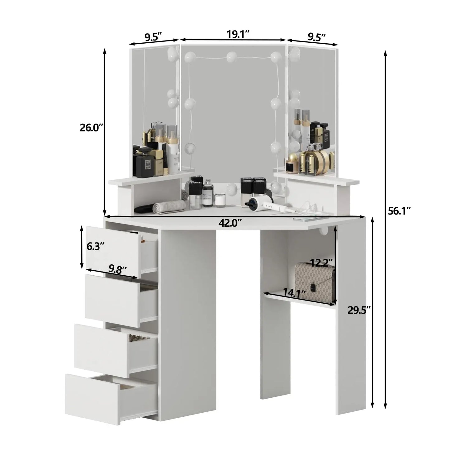 Vabches Corner Vanity Makeup Desk with Lights