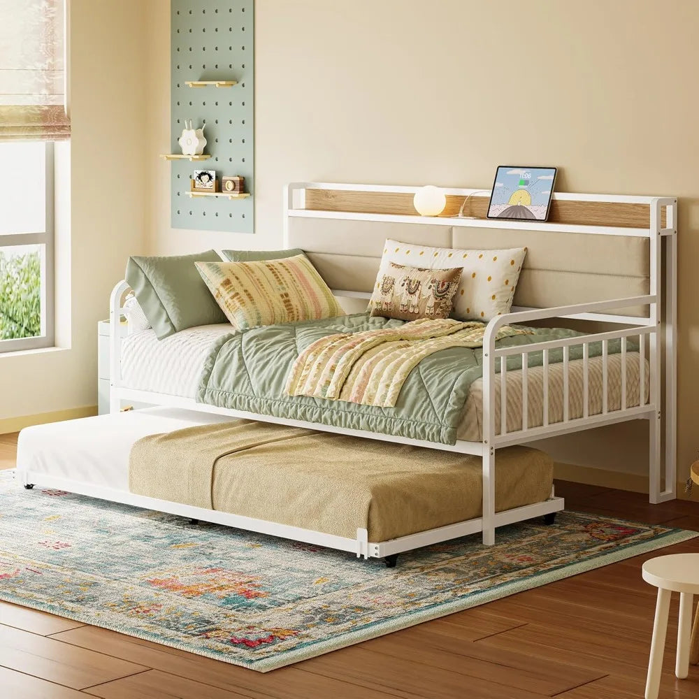 Sturdy Metal Bed Frame with Upholstered Headboard