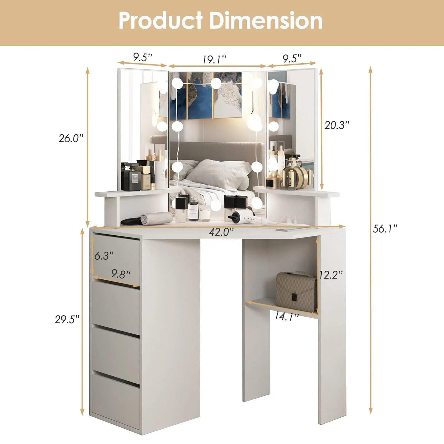 Vabches Corner Vanity Makeup Desk with Lights